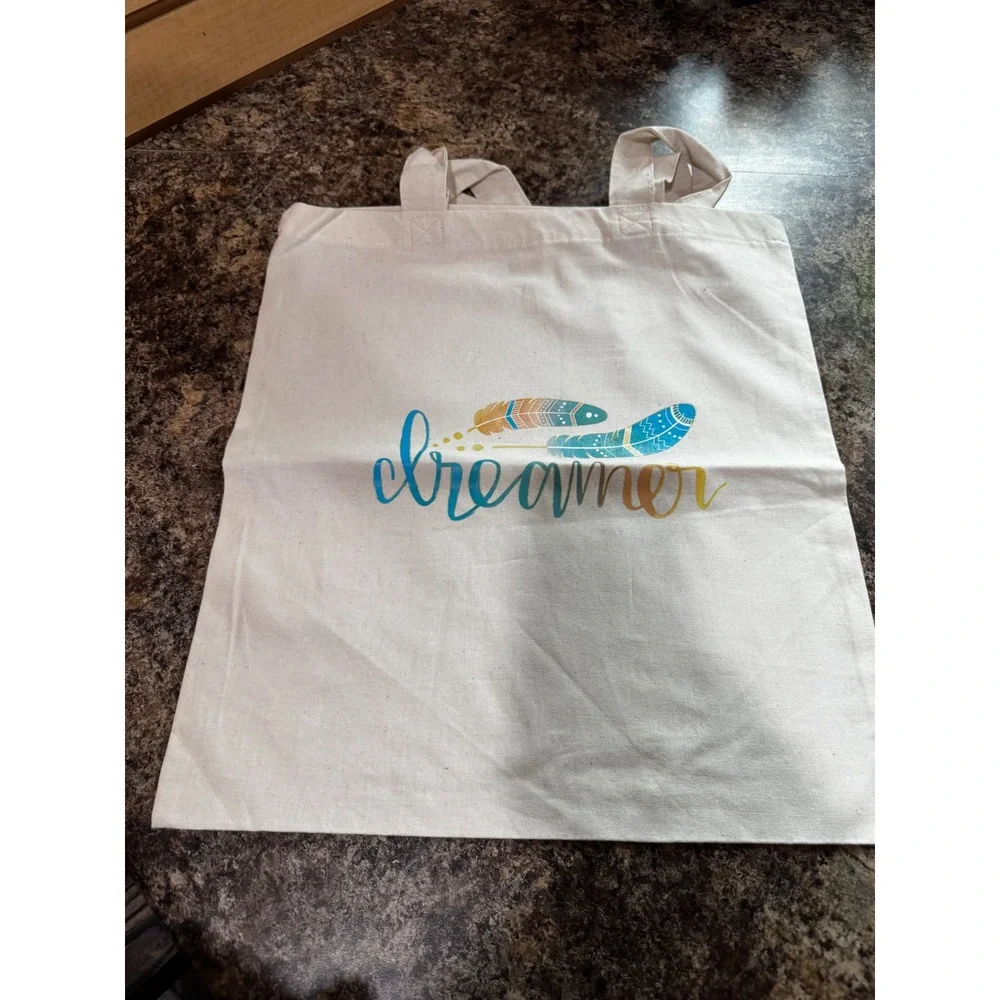 Dreamer Feather Graphic Canvas Tote Bag Off White Boho Reusable Shopper Bag